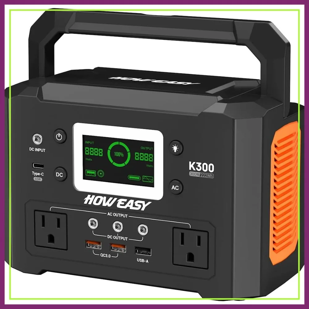 

300W Portable Power Station, 222Wh Solar Generator with 110V AC Outlet & 65W USB-C Fast Charge for Camping, CPAP, Home Emergency