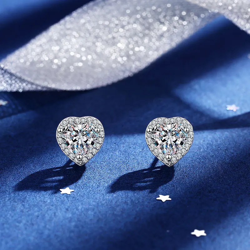 Heart Simulated Moissanite Earrings for Women Sparkling Lab Grow Diamond 925 Sterling Silver Stud Earring Jewelry Wedding