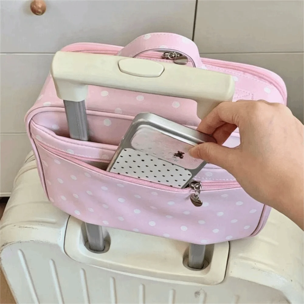 Large Capacity Handheld Makeup Bag PU Leather Polka Dot Cosmetics Handbag Sturdy Handle with Mirror Hanging Suitcase Organizer