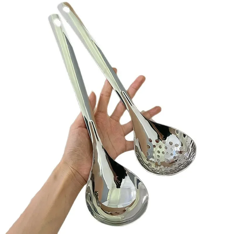 Lebensmittelqualität aus Edelstahl 304, Löffel, Sieb für die Küche, Löffel mit langem Griff, große Suppe, heißer Topf, vertiefter Suppenlöffel