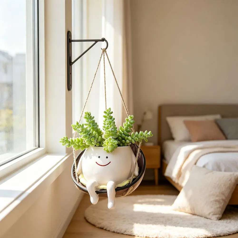 Relaxing Desk Decoration Hanging Swing Chair Planter Pot Cute Smile Face Flower Pot Resin Indoor Outdoor Plant Holder for Home