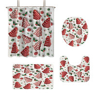Cartoon Christmas Tree Printed Bathroom 4-piece Set 180x180 Waterproof Shower Curtain Floor Mat U-shaped Toilet Mat