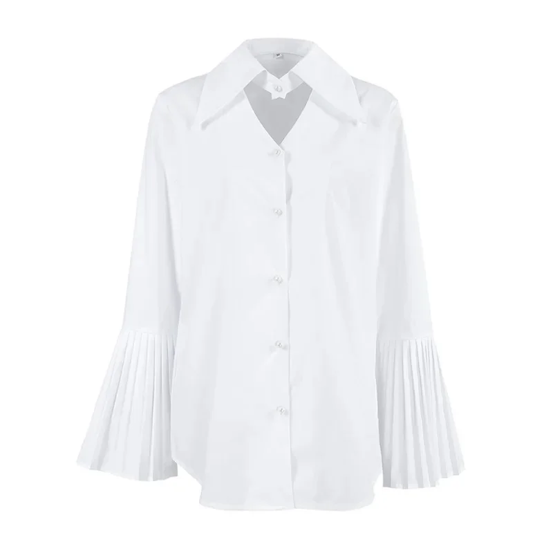 Women Fashion White Cotton Shirt With Unique Pleated Bell Sleeves V Neck Collar Long Sleeve Elegant Fall Blouse French Chic Look