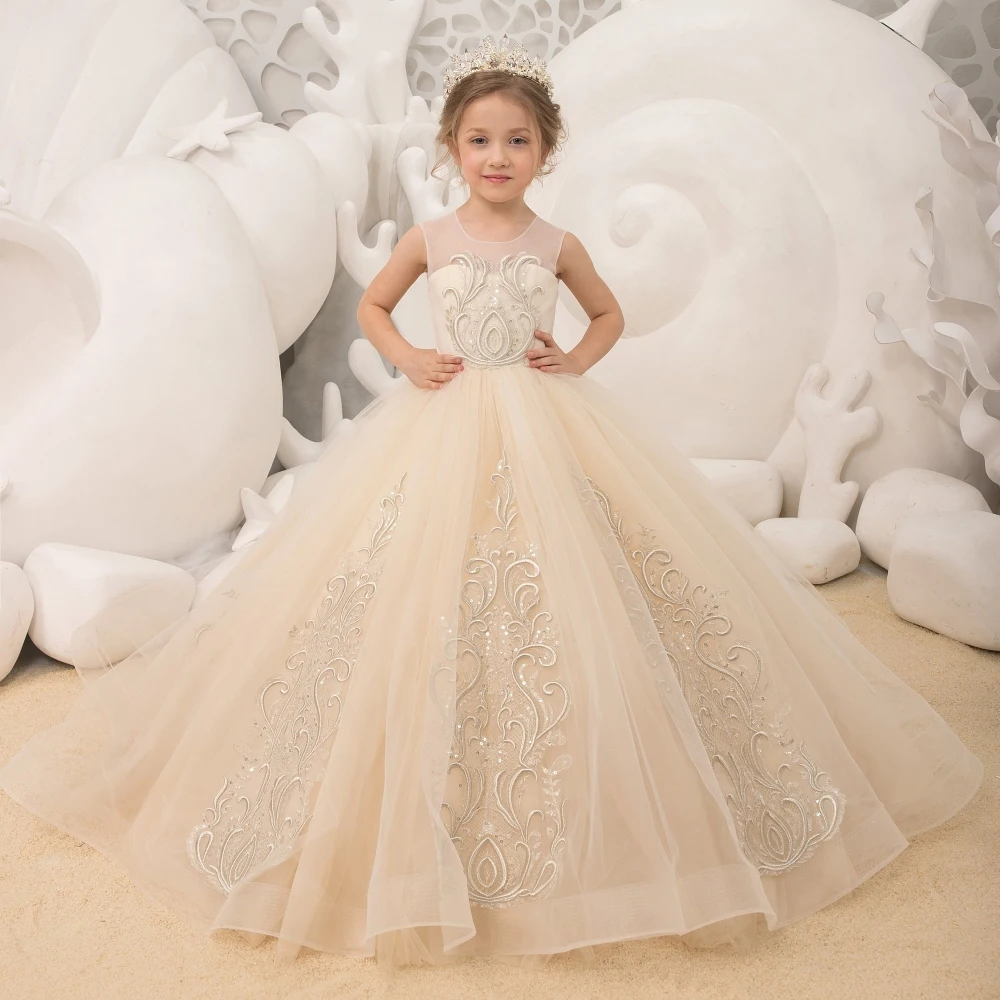 Lorencia Flower Girl Dress Champagne Fluffy Layered Tulle Lace Applique Wedding Flower Child's First Birthday Party Dress YFD036