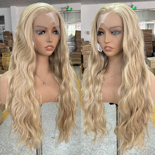 Imagen 2 del producto Peluca con malla Frontal sintética rubia mezclada 613, pelucas de encaje de pelo largo ondulado para mujeres, peluca rubia para Cosplay lista para usar, fiesta Frontal