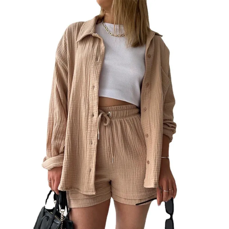 Long Sleeve Lapel Shirt Set Elegant Women Sets with Shorts Summer Pleated Pants Spring Capri Pants Crinkled Commuter Style