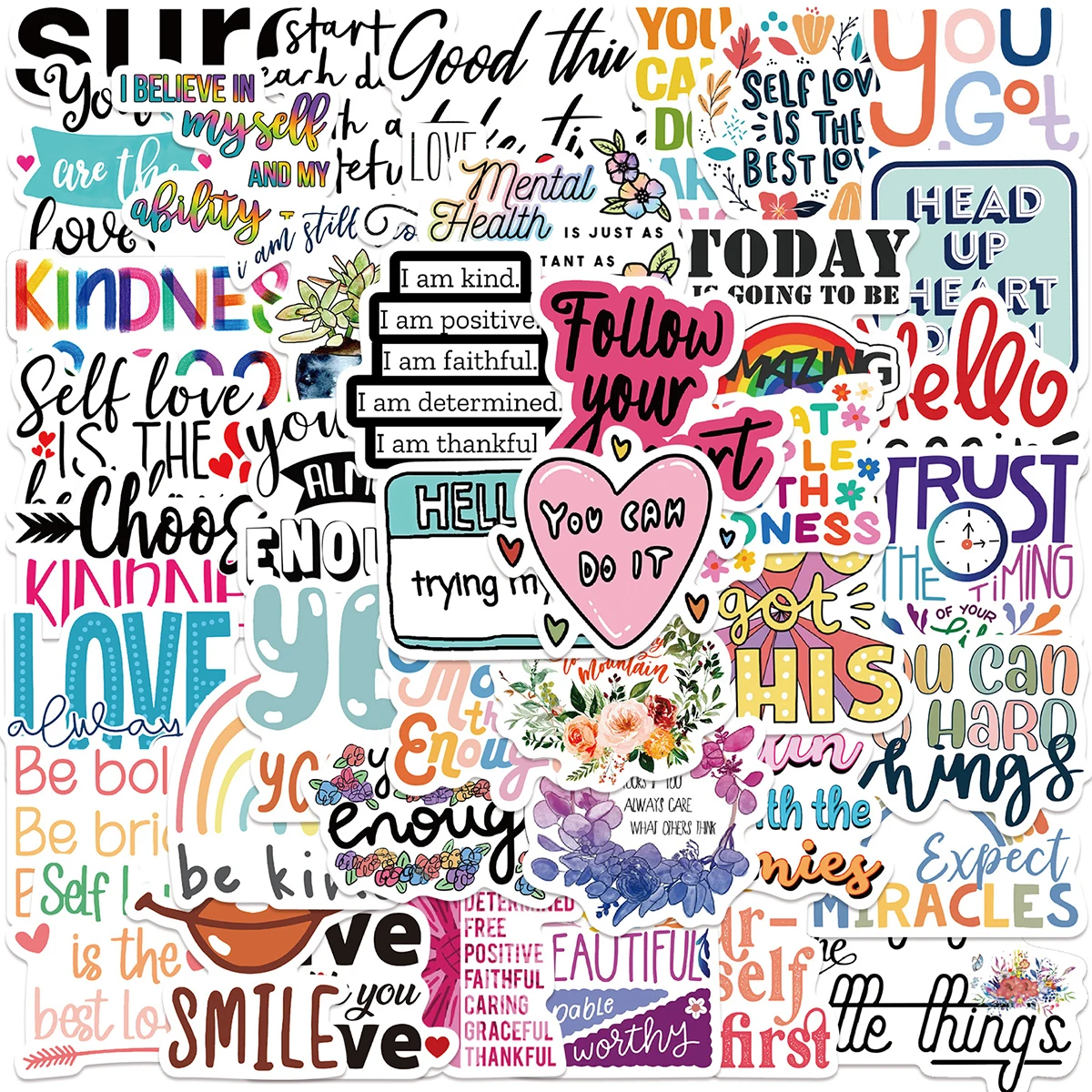52 English Inspirational Quote Stickers, Fresh Watercolor Style, Positive Energy and Mental Health Slogan Elements, DIY Journal Decoration Materials