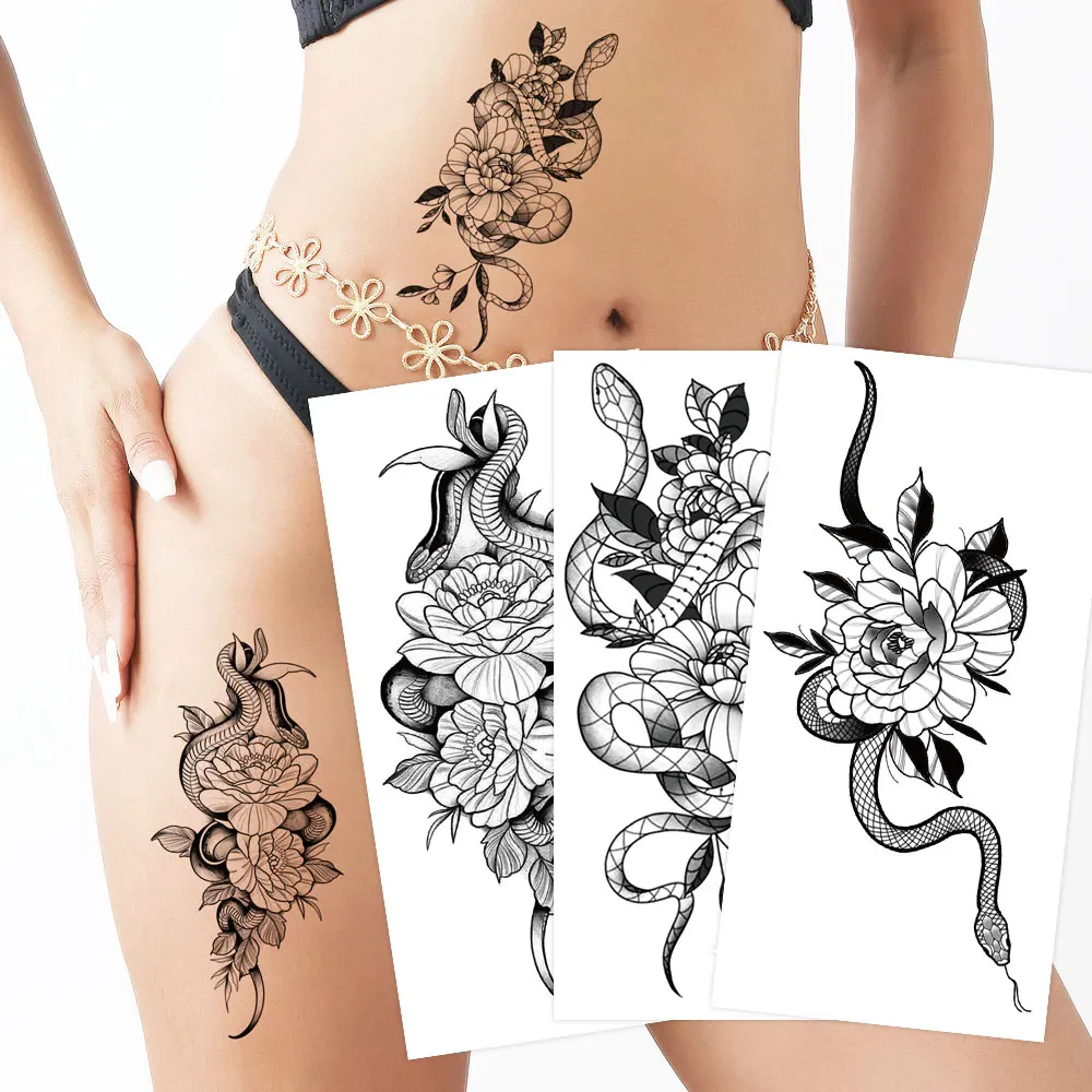 

Realistic Snake Temporary Tattoo for Women Men Black Flower Fake Tattoo Arm Body Sleeve Decor Waterproof Butterfly Tatoo Sticker
