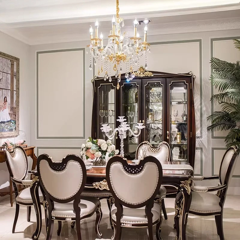 Customized neoclassical restaurant furniture, solid wood pure hand-carved table with 6 chairs rectangular dining table