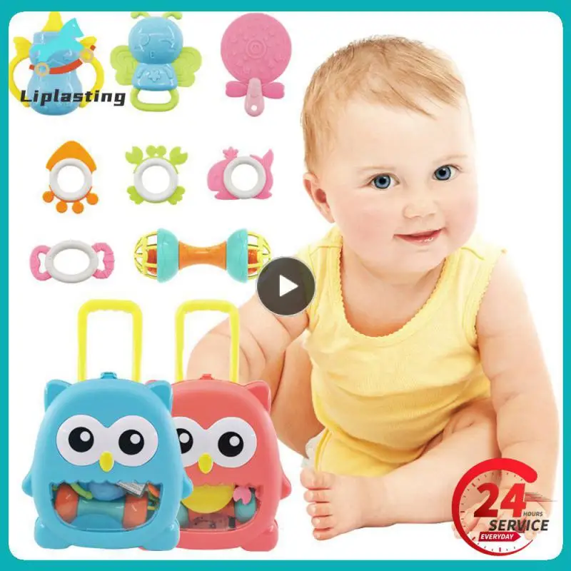 

New Owl Trolley Case Baby Teether Bite Musical Hand Grab Rattle Toy Silicone Chews 8-Piece Set