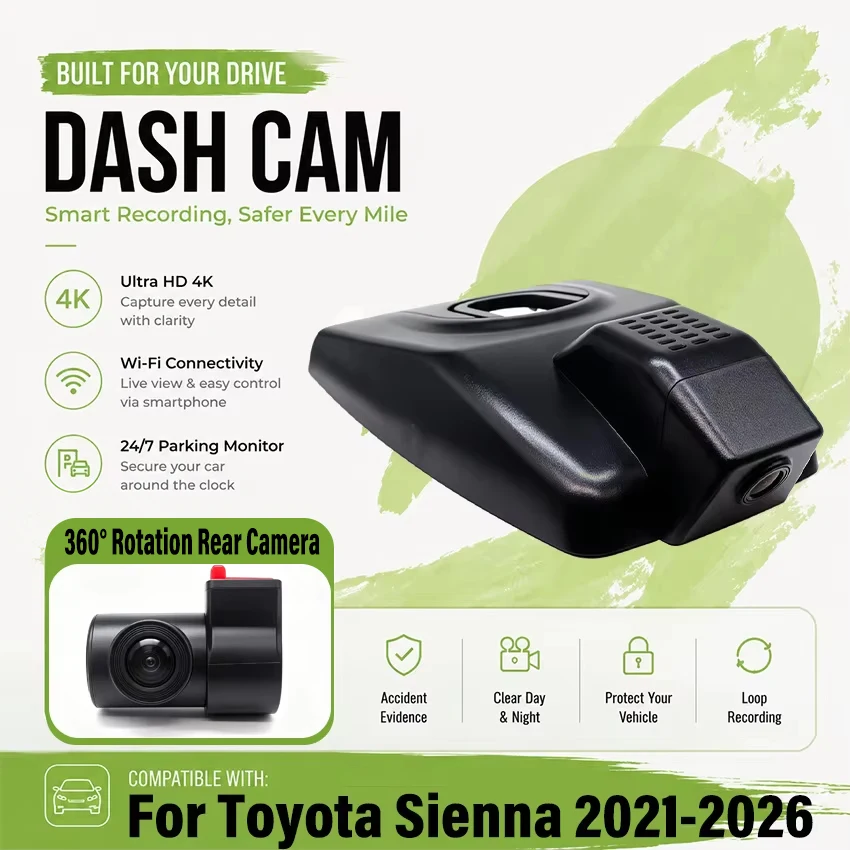 Dedicated DashCam For Toyota Sienna 2021-2026 4K UHD 2160p Car DVR Plug and play Dash Cam Wifi Camera Video Wireless