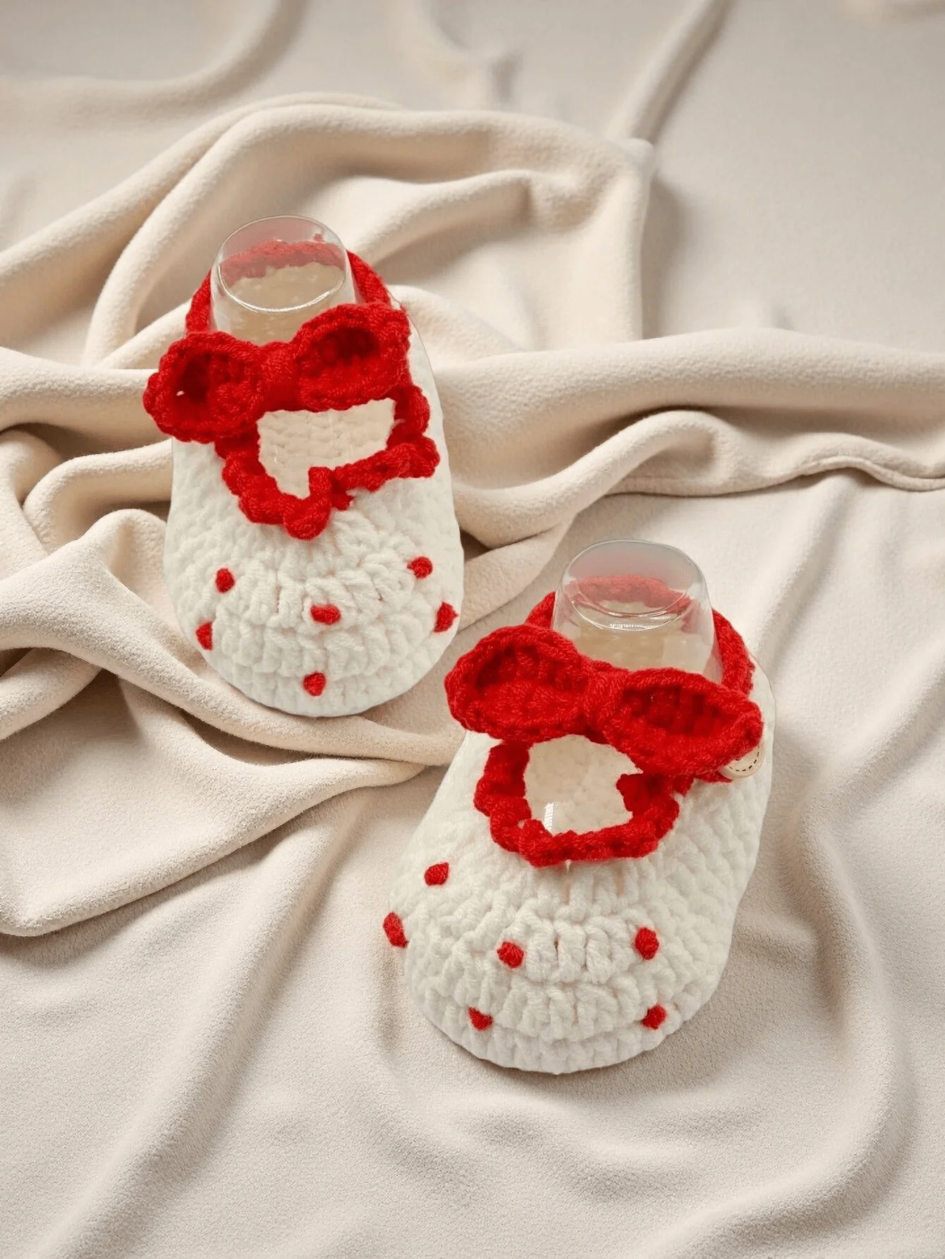 1 Pair Handmade Crochet Baby Girl Booties, White with Red Bow and Polka Dots, Knit Infant Shoes