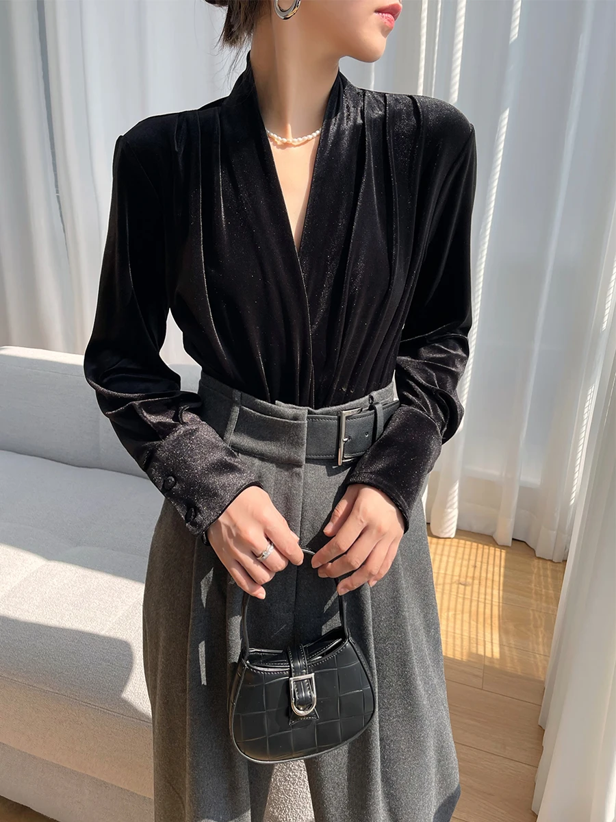 

Bla Velvet V-ne irt Женский осенне-зимний новый дизайн Чувственный базовый слой Топ для поездок на работу Sle Pure Color ort Sve