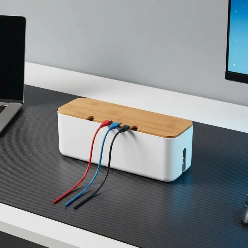 【xxx】Bamboo Cover Cable Management Box Wire Junction Board Storage Box Hide Wires Power Strips Desk Cable Computer Organizer Box