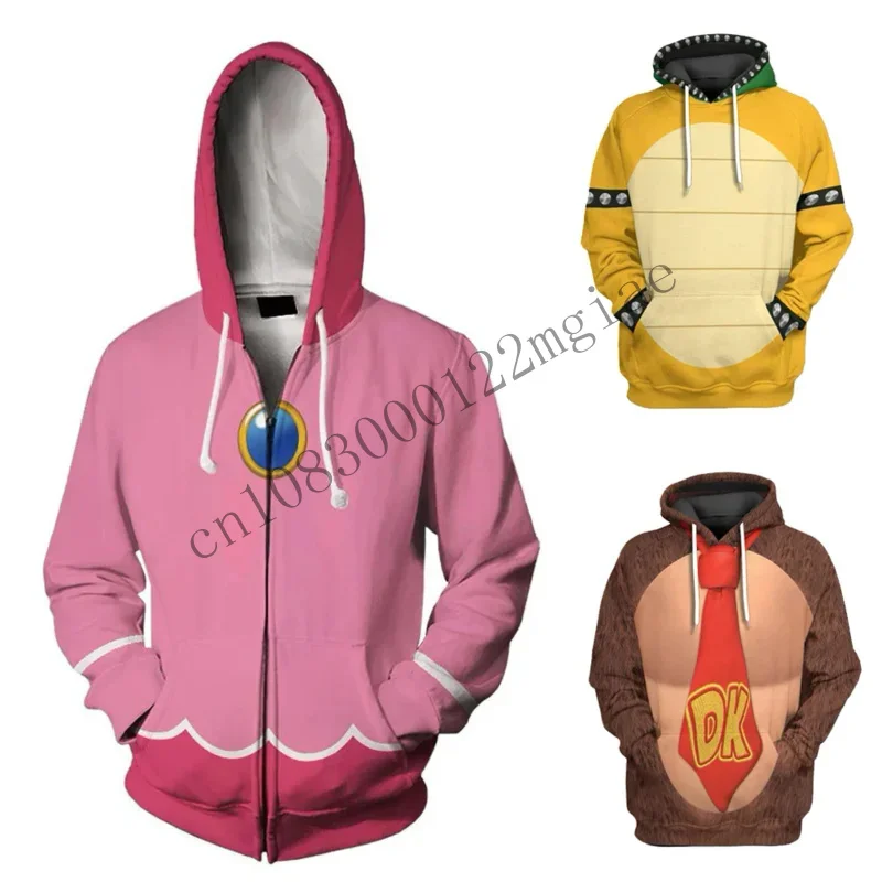 Cartoon Bowser 3D Print Princess Peach Zip Up Hoodie Sweatshirt Streetwear Hip Hop Cosplay Zipper Hooded Jacket Outerwear CMM221