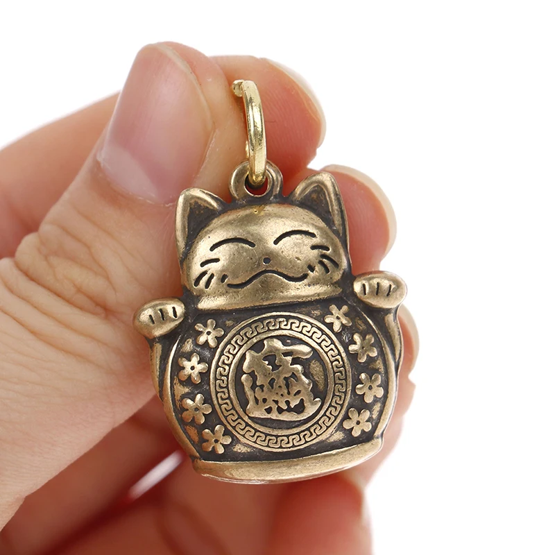 Vintage Brass Jewelry Accessories Japanese Beckoning Cat Pendant For Bracelet Necklace Key Chain Bronze Charm Gift