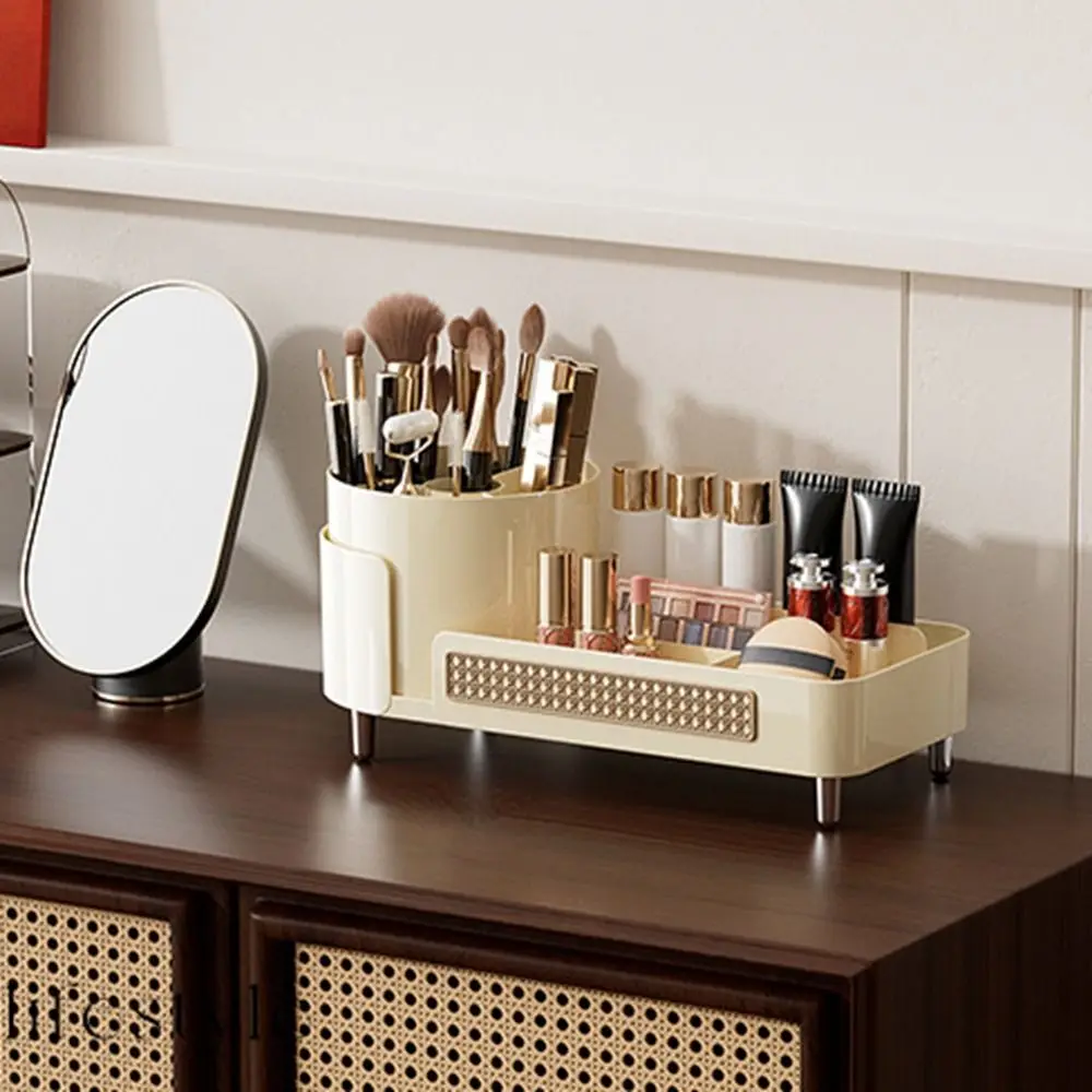 Plastic Rotatable Compartment Makeup Tube Beige Space Saving Cosmetics Storage Box Large Capacity Makeup Storage Organizer