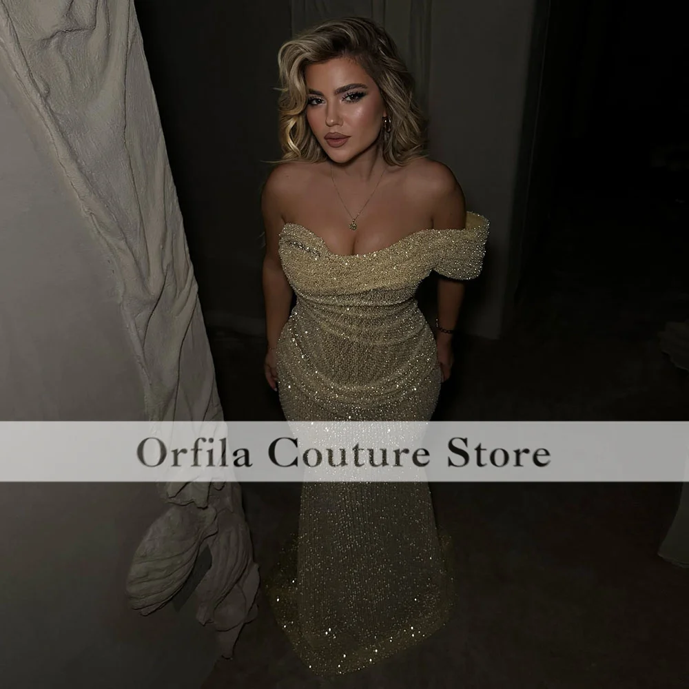 Champagne Evening Dresses 2025 One Shoulder Sequin Mermaid Prom Gown Arabic Dubai Formal Occasion Wedding Party Dress Customized