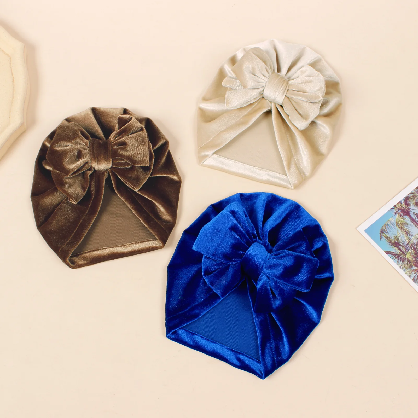 

Baby Velvet Bow Hats Indian Caps Girls Warm Muslim Cap Kids Winter Beanies Infant Newborn Hair Accessories Photography Props