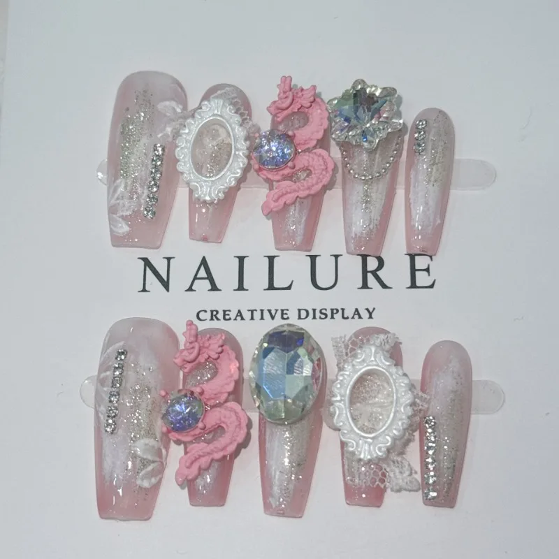 New Year Festive Atmosphere Press On Nails Handmade Chinese Dragon Diamonds Sweet Cool Spice Girls Embossed Fake Nails