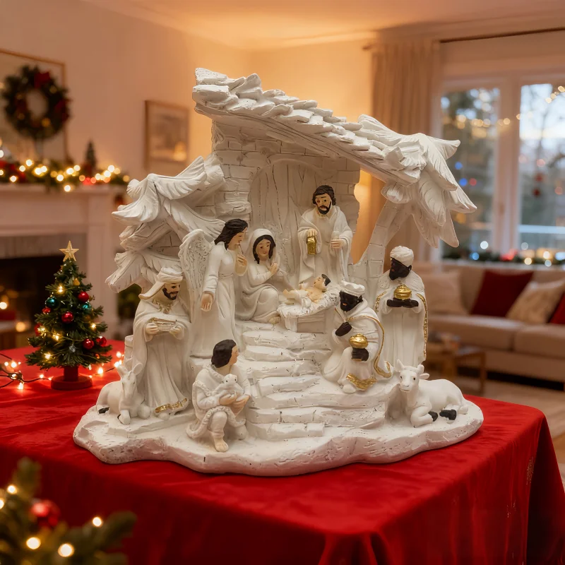 7.9In Nativity Scene Statue，Resin Manger Set Christmas Ornaments，Suitable for Living Room、Bedroom、Prayer Room Desktop Decoration