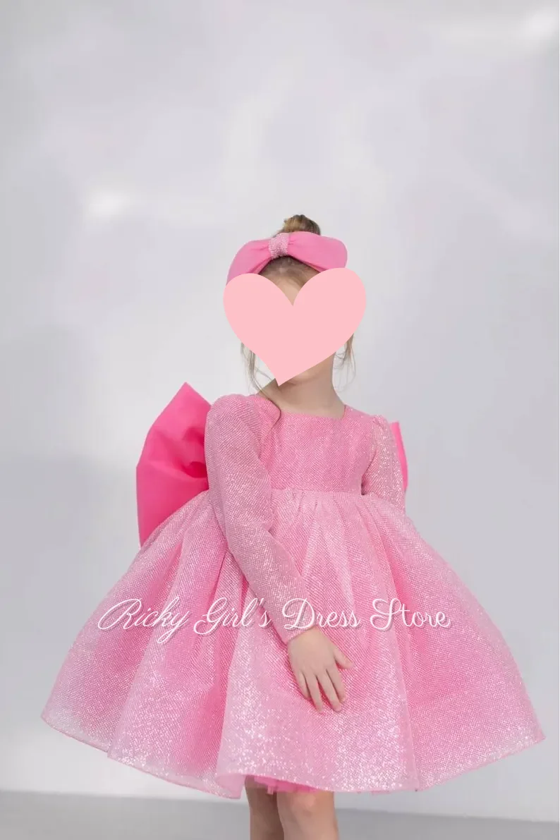 Customized Glitter Pink Flower Girl Dresses For Wedding Long Sleeve Big Bow Birthday Party Banquet Princess Girls Gowns 2026