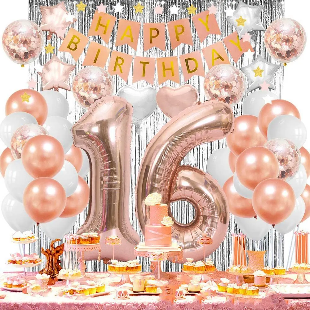 

Wholesale 16th Happy Birthday Rose Gold Foil Balloon Banner Set Girl Birthday Event Party Adult Party Supplies Decorations