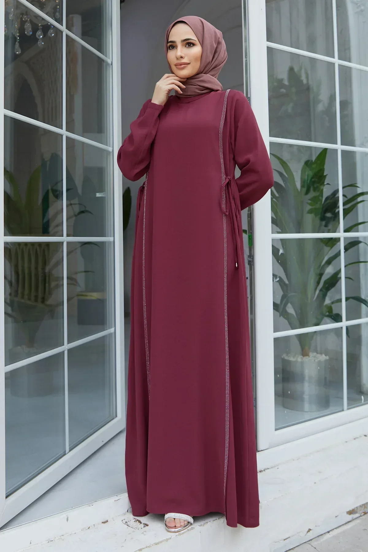 

Women Abaya Middle East Abaya Dress Islamic Clothing Solid Color Patchwork Turkey Caftan Saudi Muslim Plain Robe Dress Vestiods