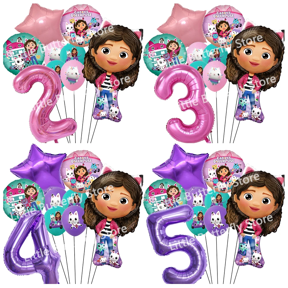 Gabby Dollhouse Cats Number Balloon Children's Birthday Party Decoration Latex Aluminum Balloons Girl Gabby's Doll Balloon Set