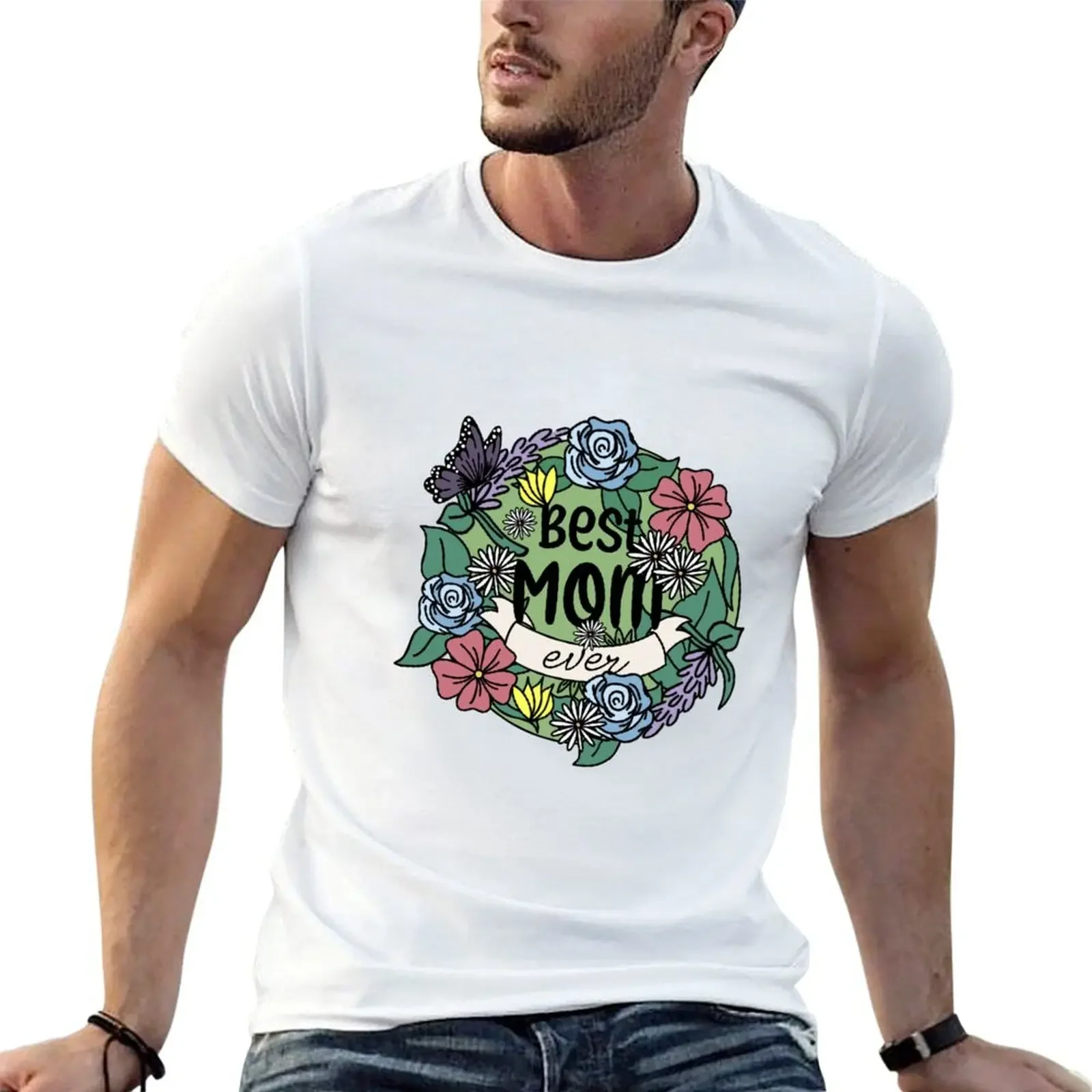 

“Best Mom Ever” Floral Design T-Shirt heavyweights plain summer tops Short sleeve tee Men's clothing