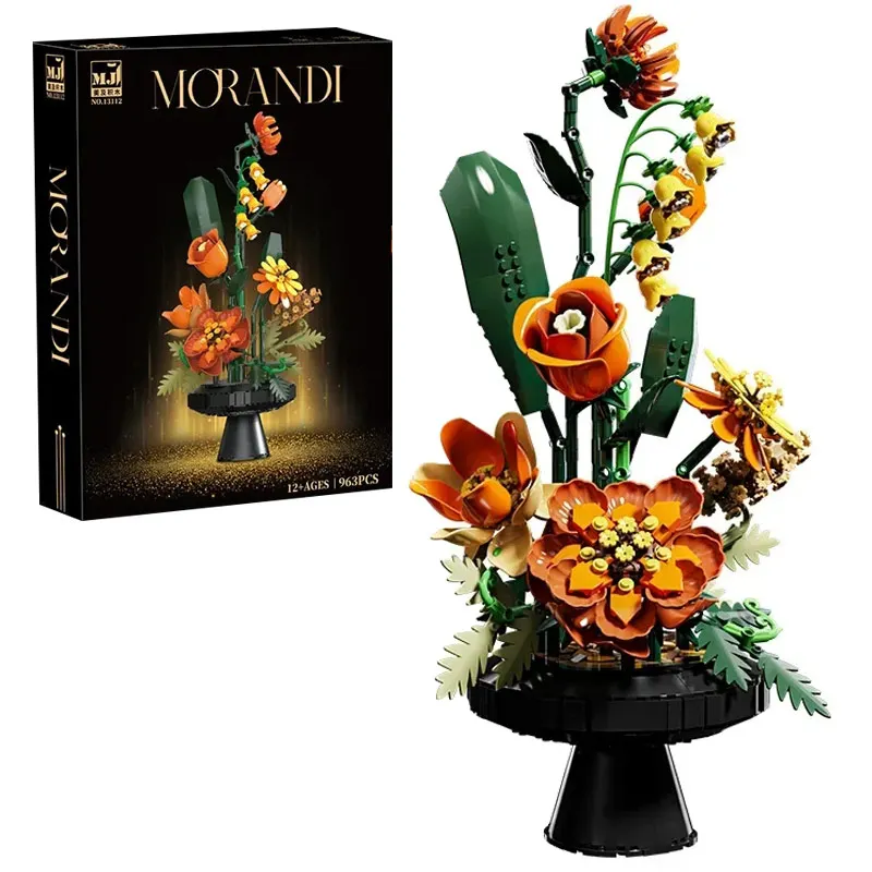 963PCS MOC Morandi Artificial Flower Bouquet Building Blocks DIY Rose Tulip Everlasting Decorative Toy Gift For Girls Home Decor