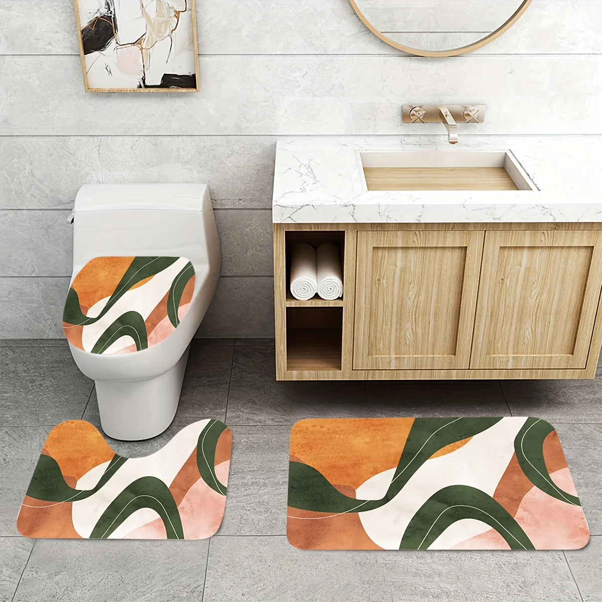 

3pcs Minimalist Color Line Printed Pattern Bathroom Mat Set, Toilet Seat Cover, Toilet U-shaped Mat, Flannel Material, Soft Surf