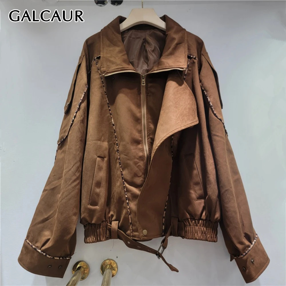 

GALCAUR Darkcoffee Spliced Sashes Jacket Female Lapel Long Sleeve Loose Retro Streetwear Women's Jackets Autumn Style Fashion