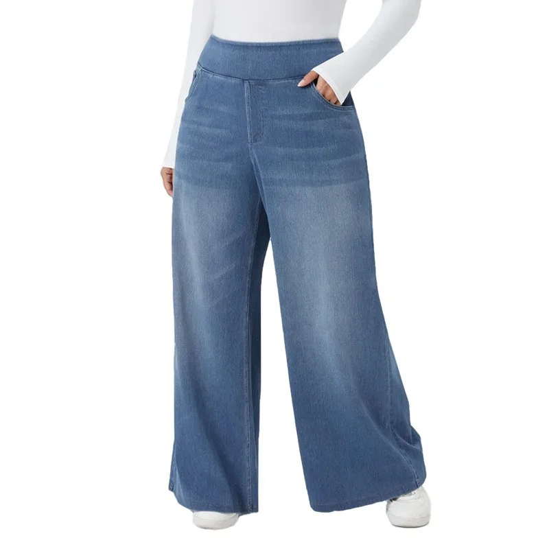 Plus Size Women's High Waist Blue Jeans Straight Leg Denim Pants Wide Leg Trousers Elastic Waist Mid Rise Full Length Casual view 2