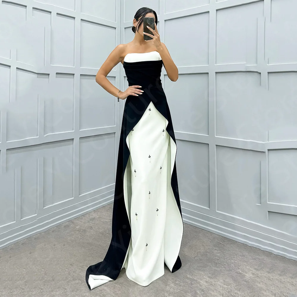 

New Contrast Color Evening Dresses Black and White Prom Party Dresses 2024 Strapless Wedding Guest Gowns Beading Sweep Train