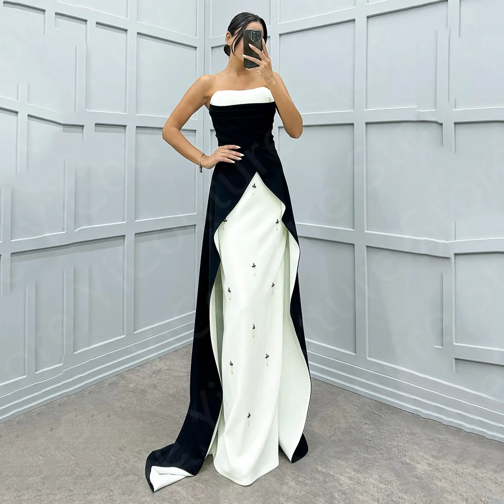 Customized Contrast Color Evening Dress Black and White Prom Party Dresses 2024 Strapless Wedding Guest Gown Beading Sweep Train