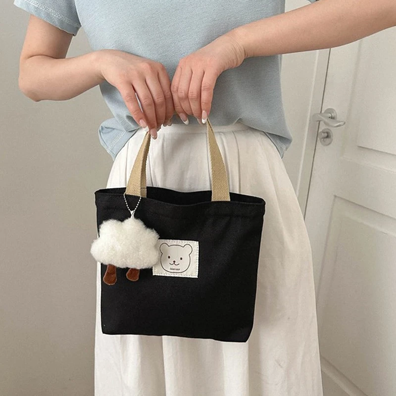 Small Canvas Women Tote Food Bag Japanese Bear Hand Lunch Bag Korean Canvas Bag Handbags Cotton Cloth Picnic Travel Bento