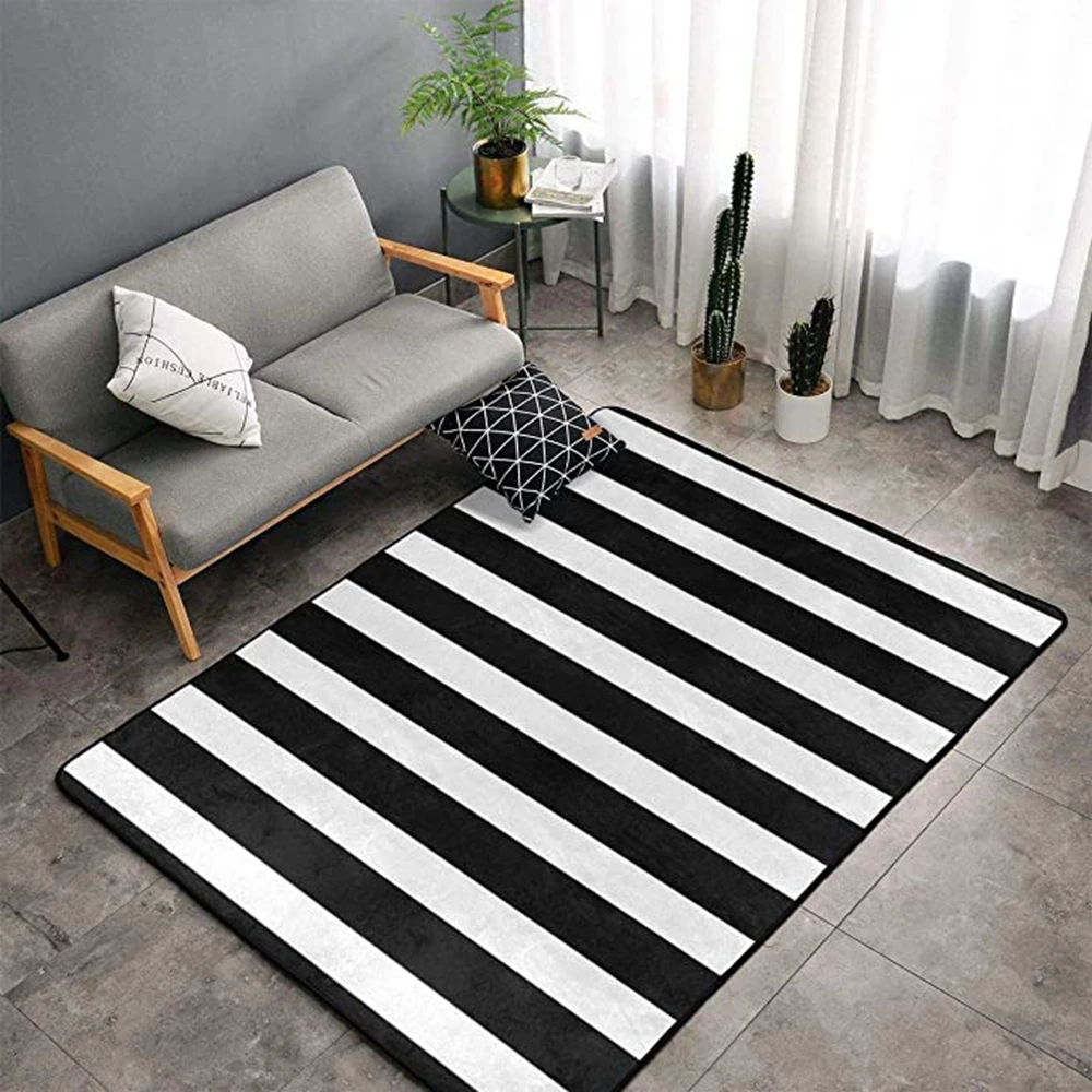 

CLOOCL Flannel Rug Black and White Stripes Anti-skid Entry Door Mats Household Bedside Rugs Mat Decorate Carpet for Living Room