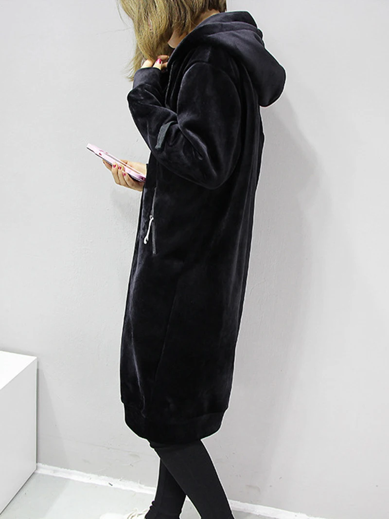 المرأة متوسطة طويلة المخملية هوديي سستة سترة سوداء سترة جديدة فضفاضة تنوعا ربيع الخريف موضة تنوعا معطف سميك