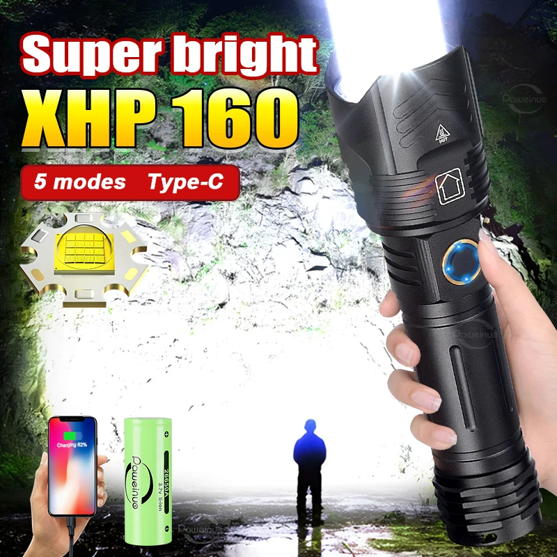 XHP160 Super High Power Rechargeable LED Flashlights Ultra Powerful 5 Modes Type-C Charging Hand Torch Lamp Outdoor LED Lantern