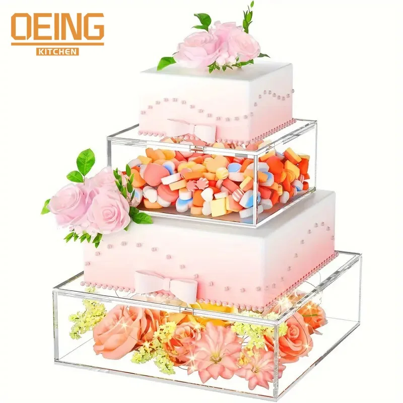

Reusable Tiered Square Hexagon Acrylic Cake Stand Transparent Refillable for Wedding Birthday Party Pastry Dinner Base Tray