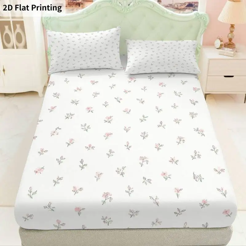 3Pcs Pastel Pink Floral Fitted Sheet Three Piece Set (1*Fitted Sheet + 2*Pillowcases, Coreless), Bedding Set