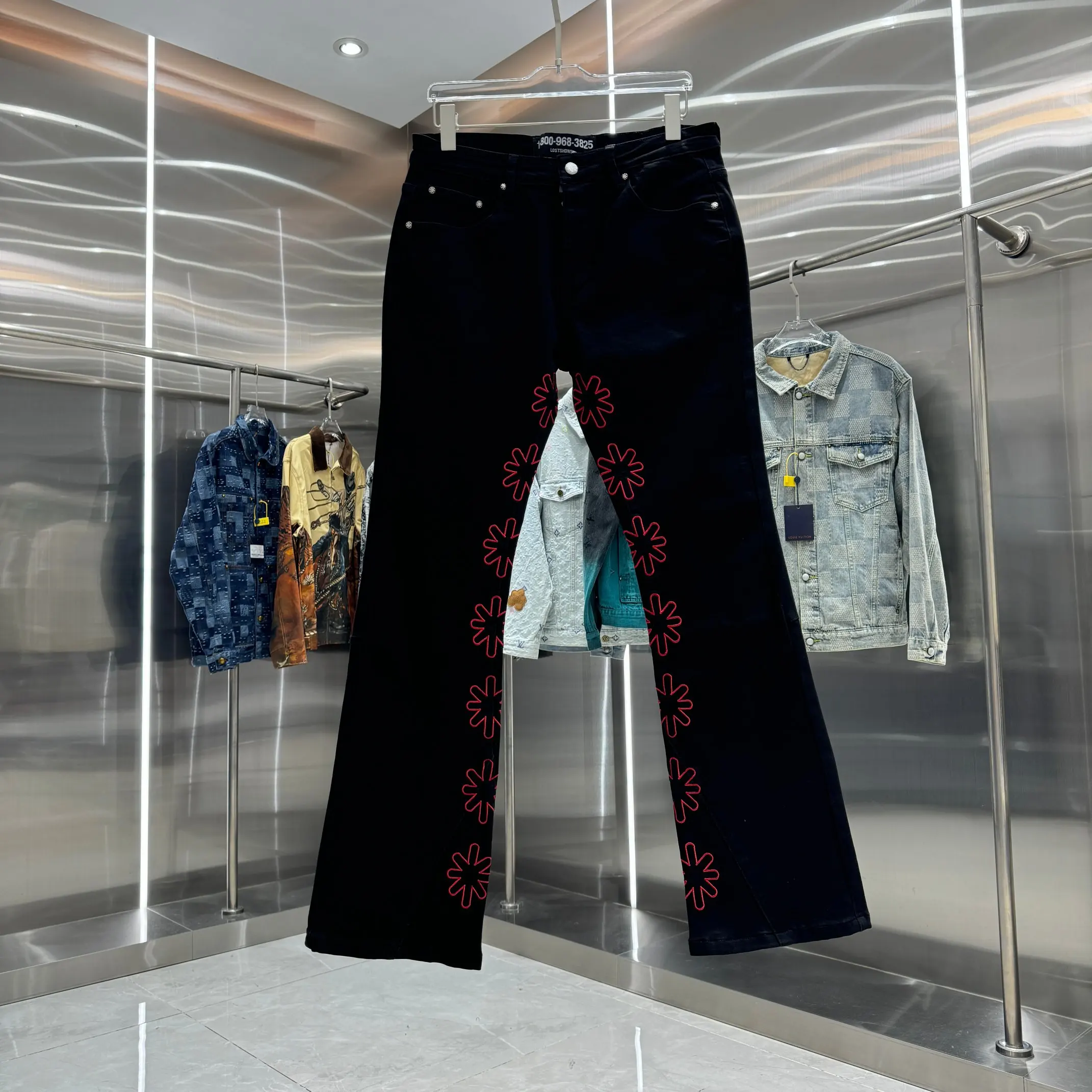 

Fashion Patchwork Retro Hip Hop Style LOST SHDWS Denim Jeans Men Sunflower Embroidered Vintage Casual Black Trousers for Men