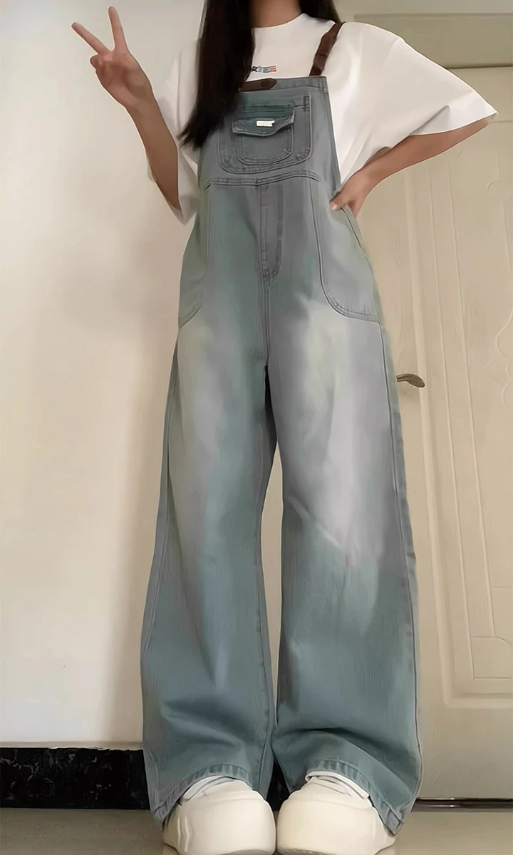 

Loose Wide Leg Denim Overalls Women's Summer New Style Washed Vintage Brown Buckle Casual Trousers Anti-Wrinkle Long Pants