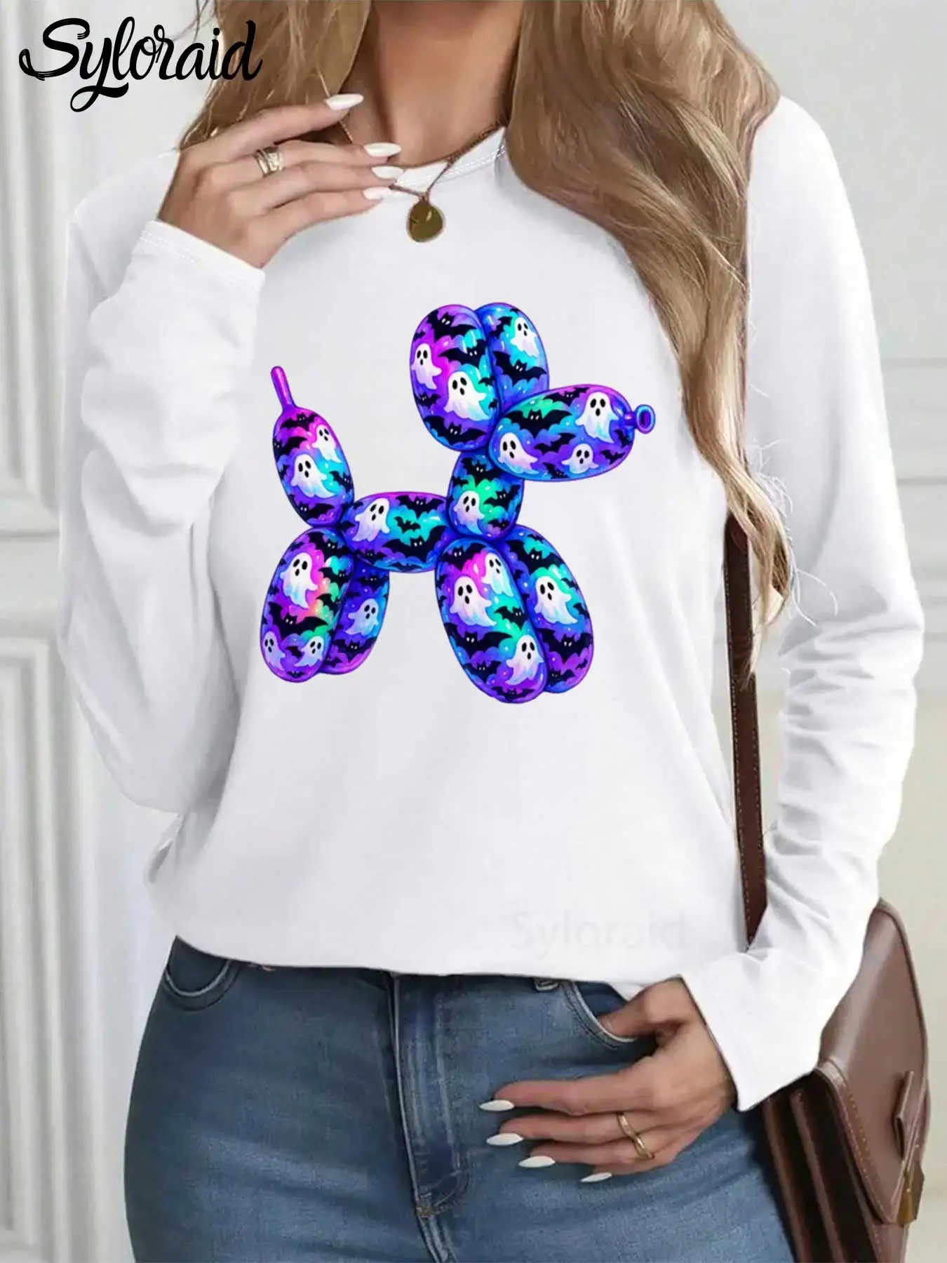 المرأة طويلة الأكمام تي شيرت هالوين بالون الكلب تي شيرت الكلب هالوين قميص أزياء جولة الرقبة عارضة أعلى #1