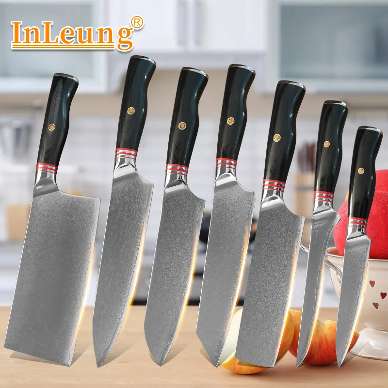 7-teiliges Professionelles Japanisches Damaszener Stahlmesser-Set, Ultrascharfes Küchenmesser, Tranchiermesser, Allzweckmesser, Obst- und Kochmesser