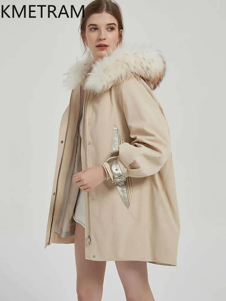 KMETRAM Rex forro de piel de conejo abrigo de piel de perro mapache cuello de piel Parkas chaqueta 2025 longitud media invierno con capucha ropa de mujer шуба