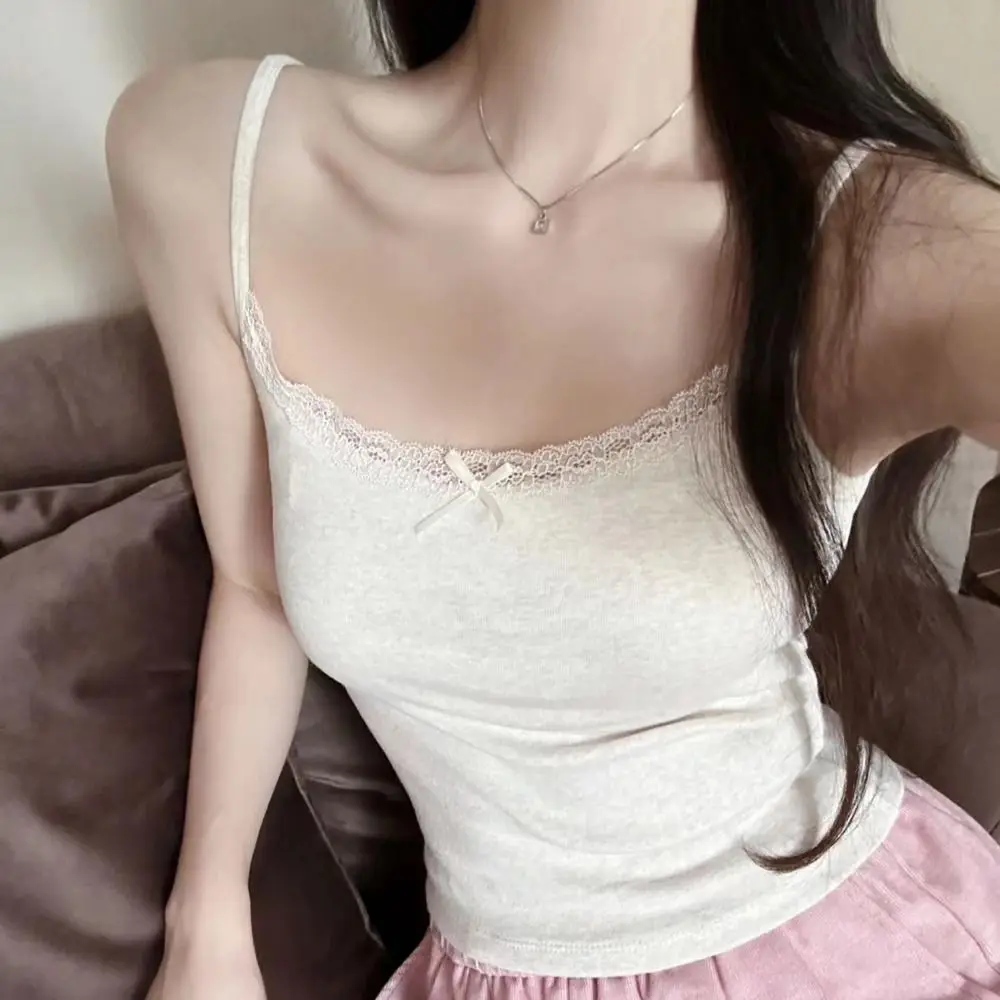 Sweet Lace Trim Strappy Tank Tops Sensually Innocent Look Cotton Hottie Sling Bow Camisole Girls Women