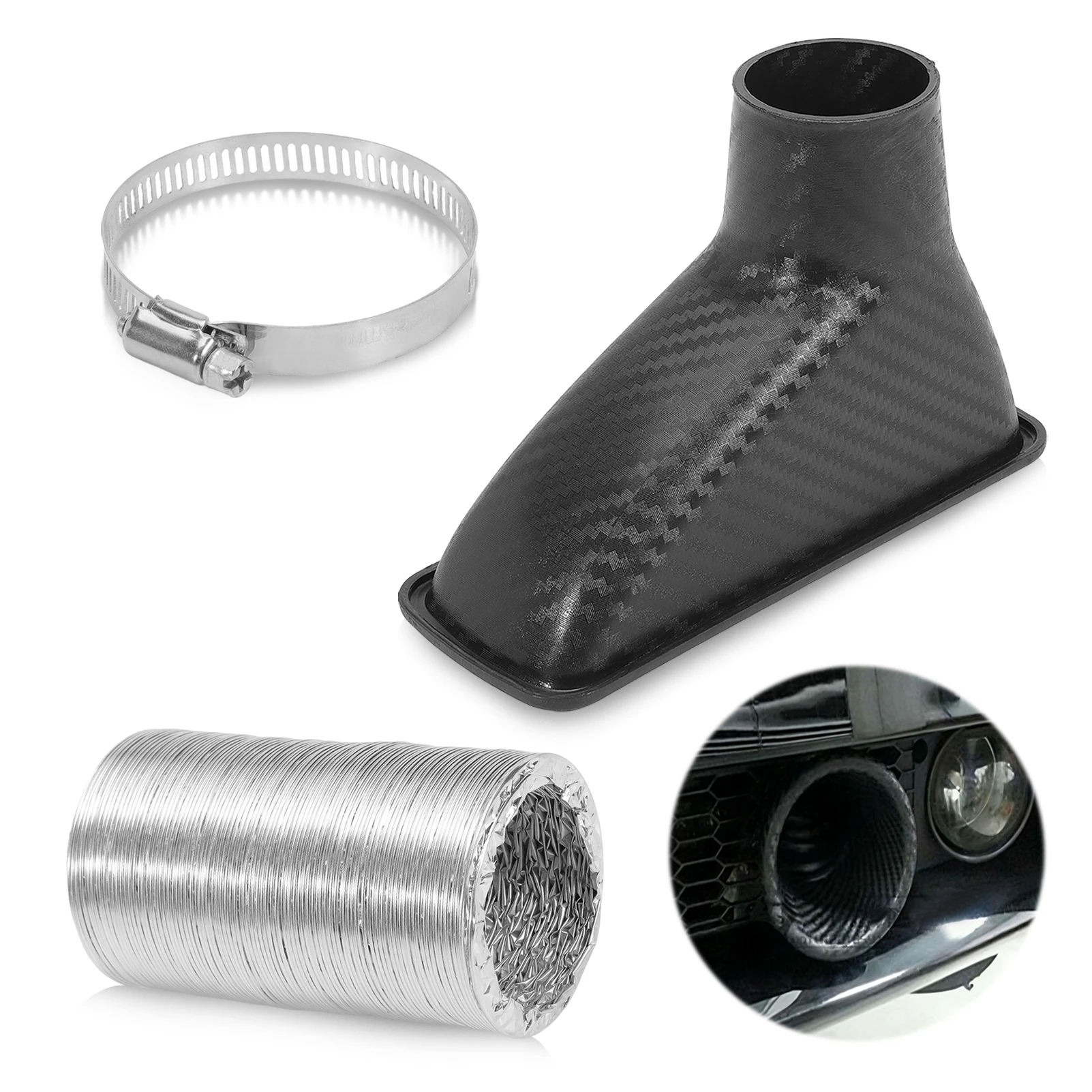 1 Set ABS Universal Car Turbine Inlet Kit Air Funnel Front Bumper Admission Air Intake Pipe Kit