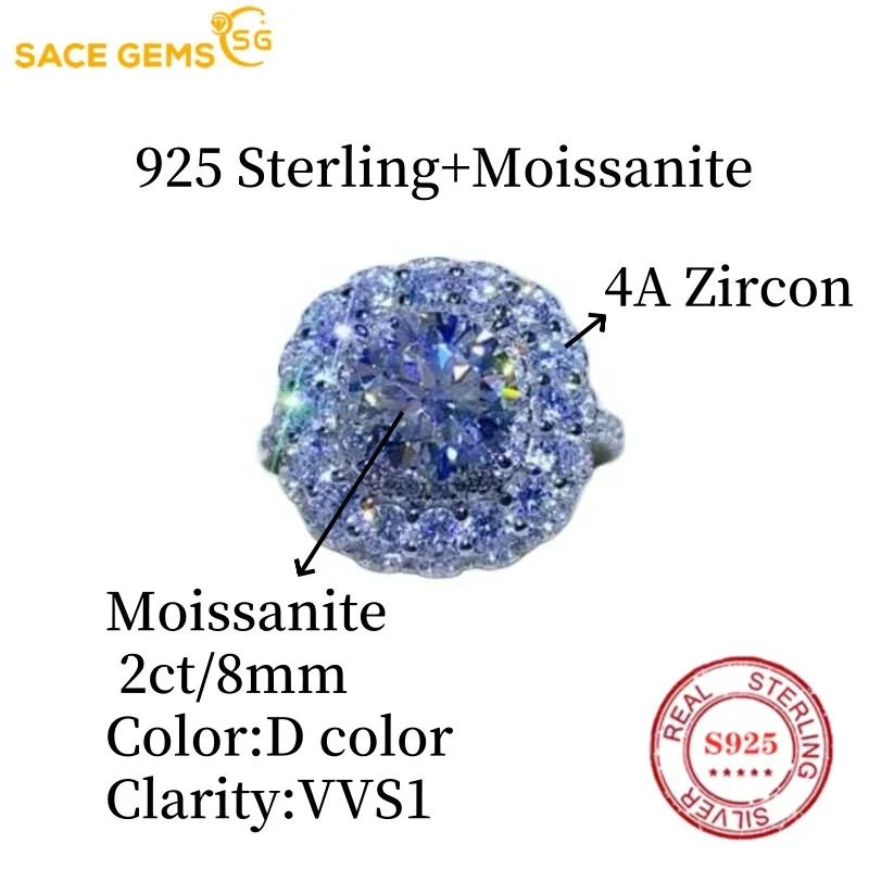 خاتم مويسانيتي معتمد من SACE GRA للنساء ، فضة إسترليني ، خاتم زفاف ، حفلة خطوبة ، مجوهرات راقية ، لون دي ، 2 قيراط